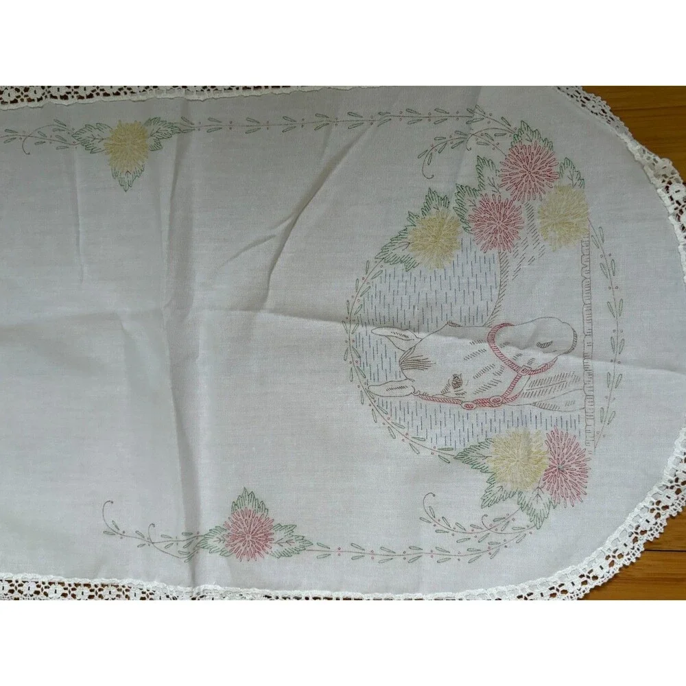 Vintage Embroidered Table Runner Set of 2 Horse Butterfly Floral Herrschners